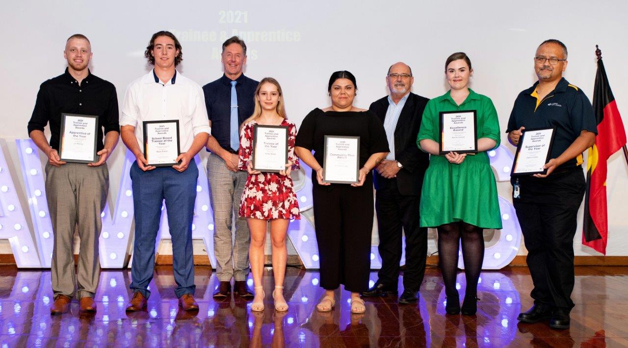 Mayor Darren Power and CEO Silvio Trinca with the winning trainees and apprentices.