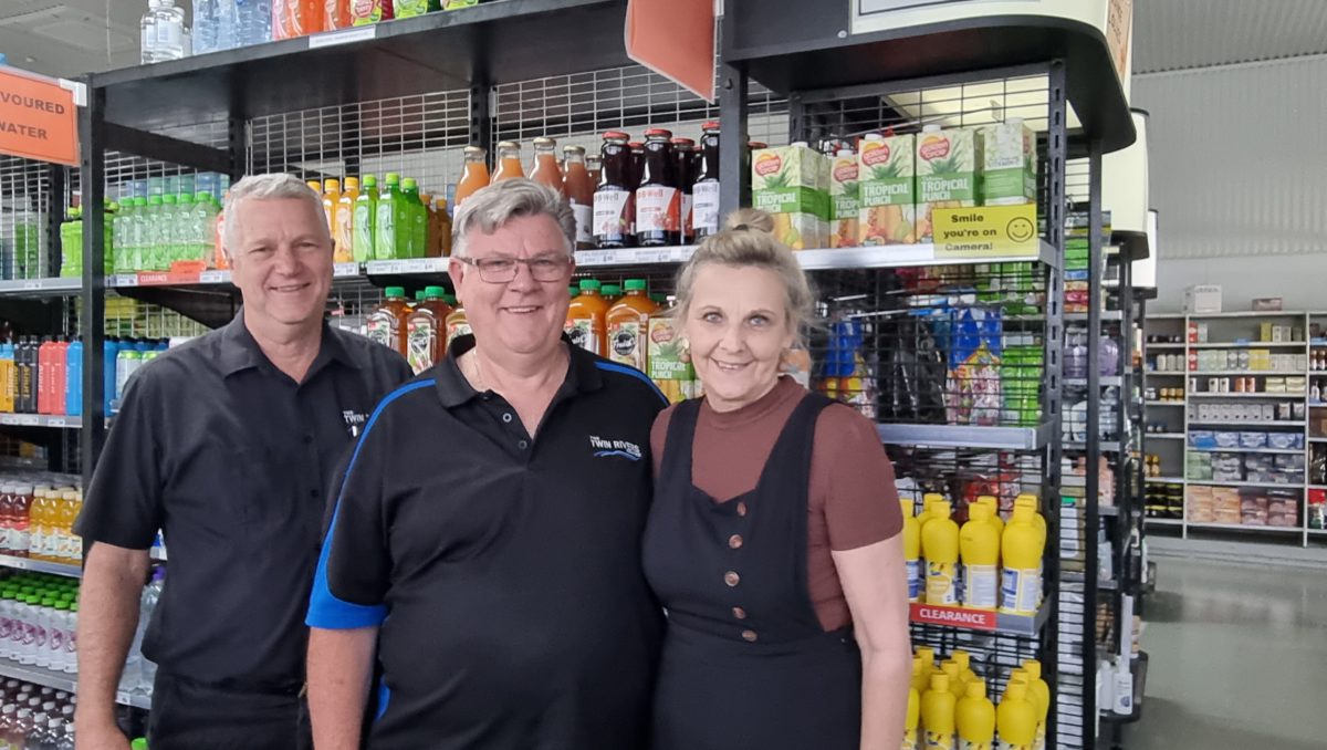 Pastor Rueben Roos with Noel and Gayle Roberts and Twin Rivers food outlet