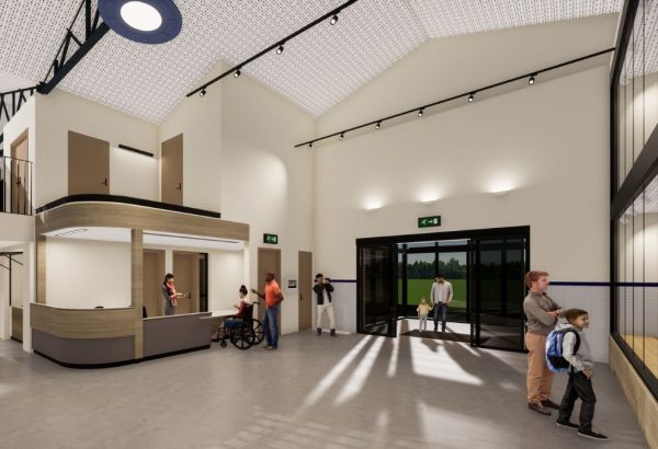 A render of the Kingston Butter Factory foyer with visitors viewing displays.