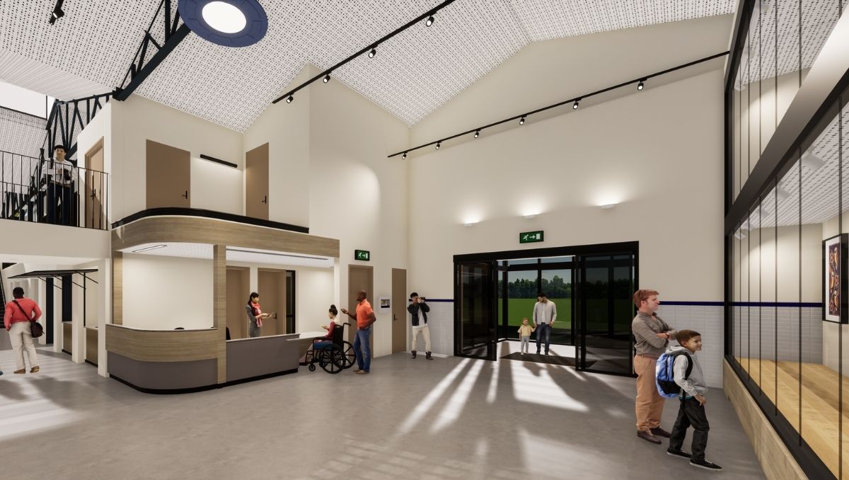 A render of the Kingston Butter Factory foyer with visitors viewing displays.
