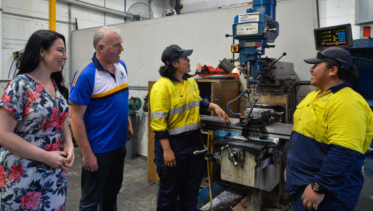 Councillor Mindy Russell with Munster Managing Director, Eric Guthrie, apprentice boiler-maker Masae Swann and work experience student Spencer Faalgog
