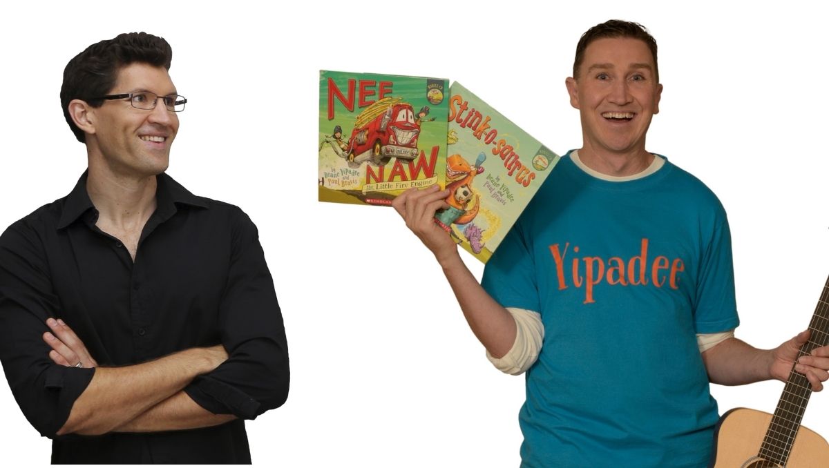 Author and illustrator, Dr Cameron Seltzer and author Deano Yipadee, holding his books.