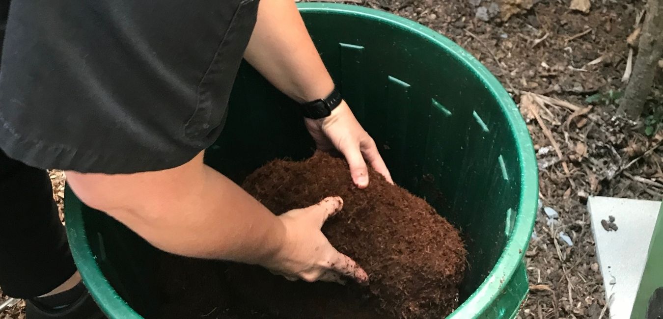 Hands working the soil of the worm farm