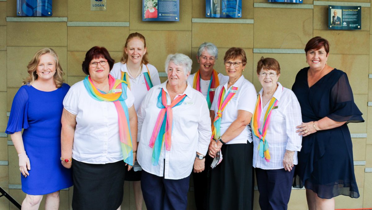 Lifestyle Chair Councillor Laurie Koranski and Division 12 Councillor Karen Murphy with Ms Moya McKeon OAM's friends and colleagues from City of Logan Wall of Acclaim