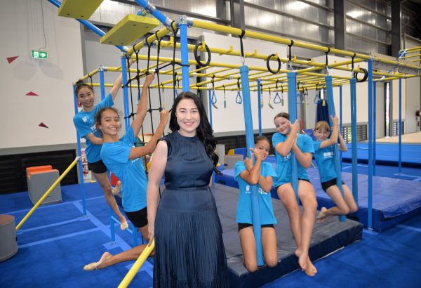 Cr Mindy Russell with some young gymnasts at Cronulla Park Indoor Sports Centre