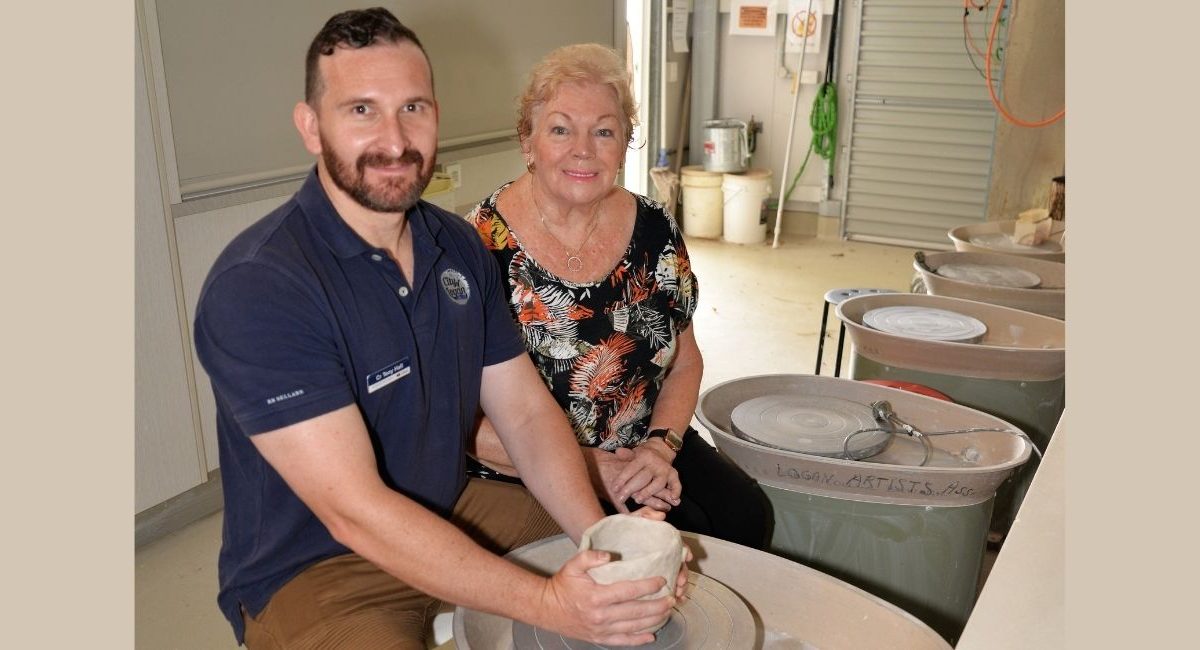 Cr Tony Hall with Logan Artists Association president Di Flack in the pottery room.