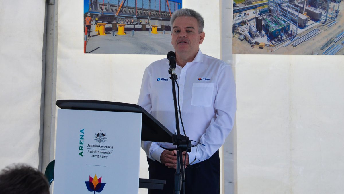 Logan Water Group Manager Mike Basterfield speaks at the unveiling of the gasification facility.