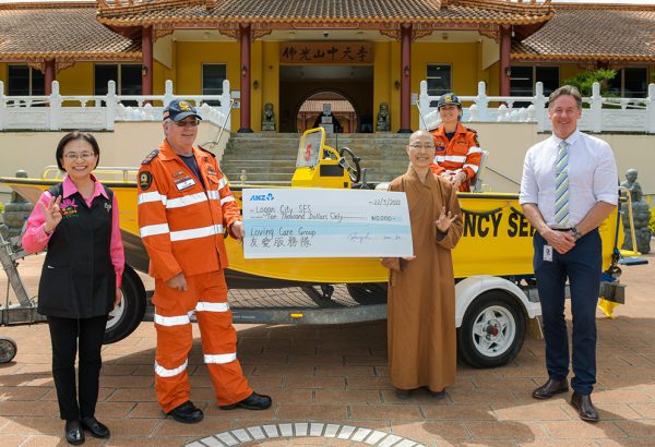 City of Logan Mayor Darren Power with (from left) Peilian Sung, Logan SES Controller Jim Ferguson, Abbess Manwang and SES Acting Local Controller Jane McKay at the Chung Tian Temple in Priestdale.