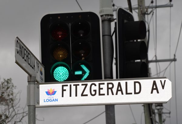 A street sign and traffic light to illustrate that Community consultation will begin soon for on a proposed multi-million-dollar upgrade to Springwood’s Fitzgerald Avenue.
