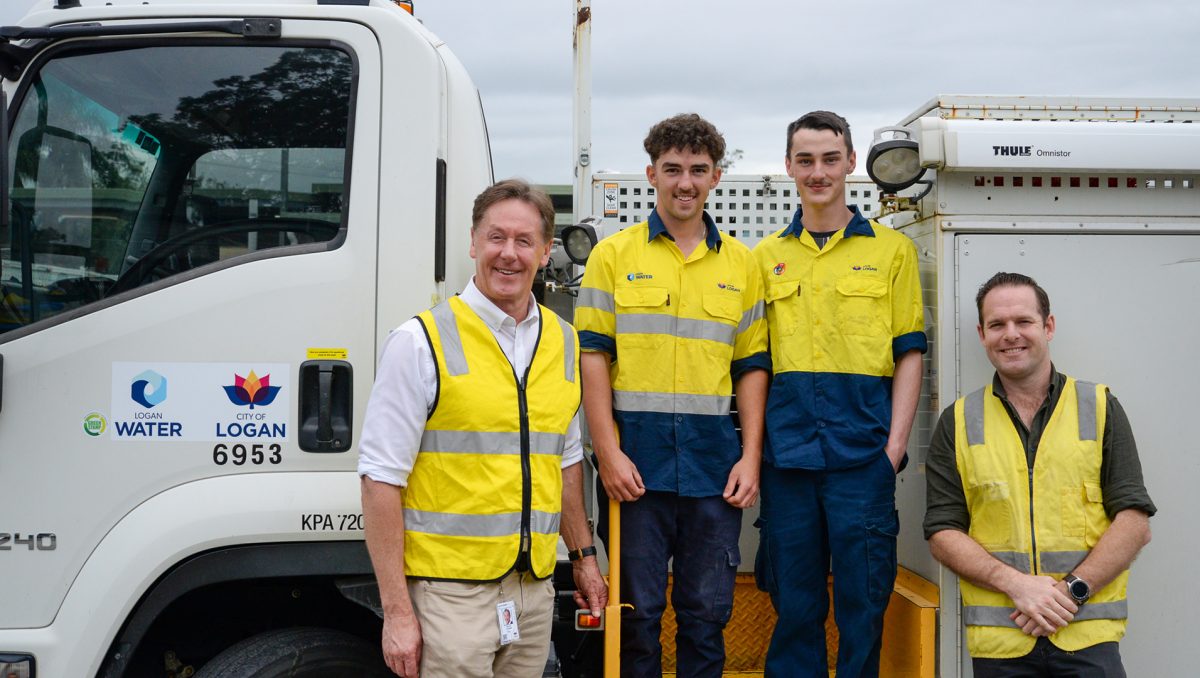 City of Logan Mayor Darren Power and Economic Development Chair Councillor Jon Raven with apprentices Mat Bond and JD Christ at Council's Smith Road Depot.
