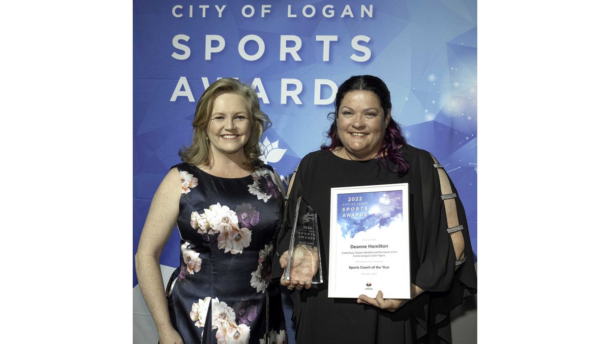 Division 4 Councillor Laurie Koranski with 2022 City of Logan Sports Coach of the Year Deanne Hamilton.