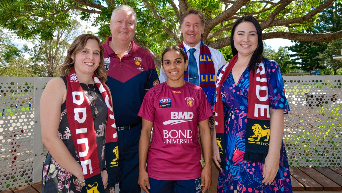 City of Logan Mayor Darren Power and Division 3 Councillor Mindy Russell with Brisbane Lions CEO Greg Swann, Mabel Park SHS principal Aimee Agiro, AFLW star Courtney Hodder.
