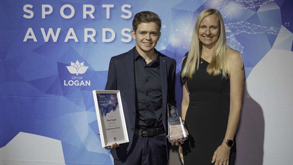 Division 10 Councillor Miriam Stemp with 2022 City of Logan Young Sportsperson of the Year Oscar Targett.