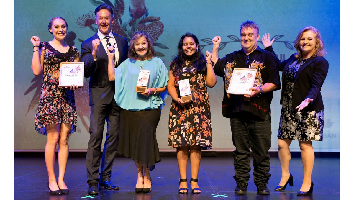 Mayor Darren Power (second from left) and Cr Laurie Koranski (right) with 2021 award winners (from left) Takisha Lyons (Spirit of Logan), Anita Anderson (Citizen of the Year), Juliet Thottunkal (Young Person of the Year) and Robert Haberle (Spirit of Logan).