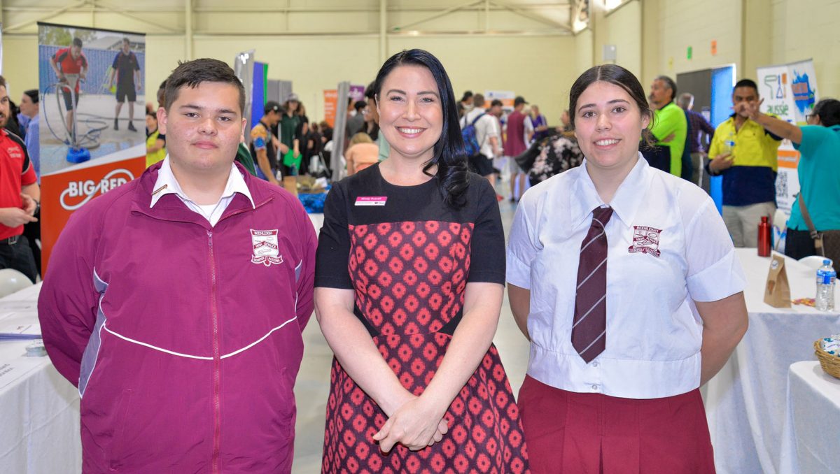 Economic Development Deputy Chair Cr Mindy Russell with Beenleigh SHS students Ryan Woods (year 10) and Britney King (year 12).