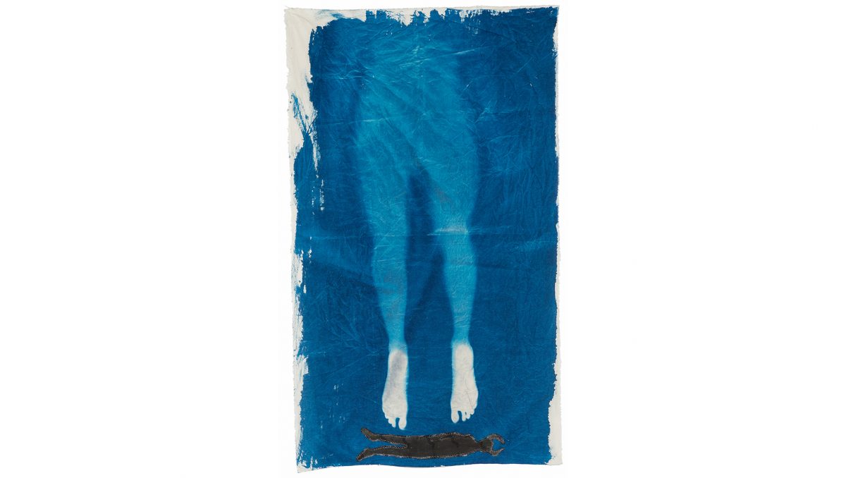 A work by Emma Gardner - I found my way (Handless Maiden), 2021. Cyanotype, textiles, ink and embroidery on cotton.