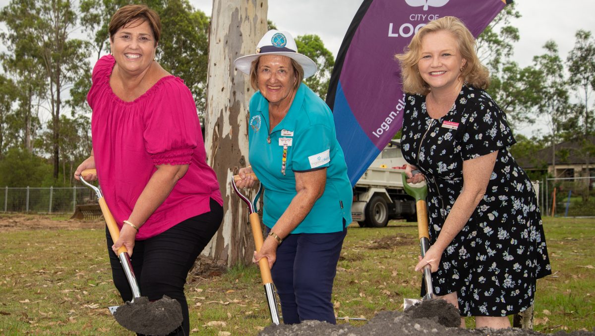 City Lifestyle Chair, Councillor Laurie Koranski (right) and Division 12 Councillor Karen Murphy (left) joined Twin Rivers Community Mallet Sports Club president Maia McGhee to launch the croquet court expansion project at Bedford Park in Eagleby.