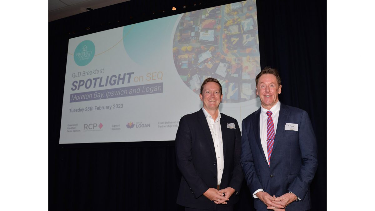 City of Logan Mayor Darren Power (right) and Director of Growth, Economy and Sustainability David Hansen at the Property Council of Australia’s Spotlight on SEQ Breakfast.