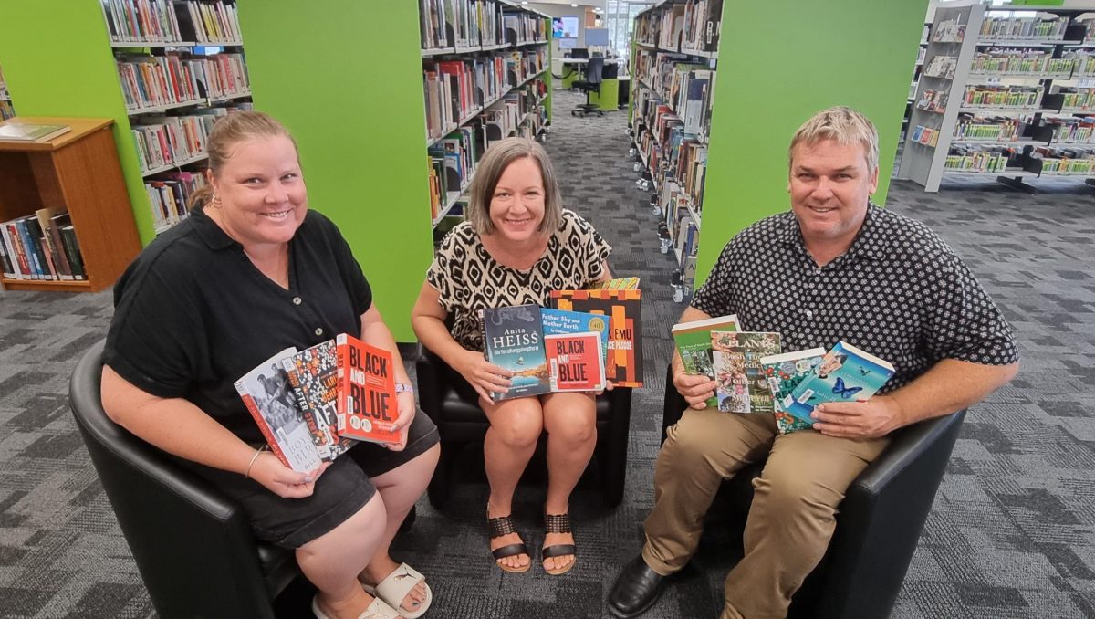 Angela Carroll, Fiona Rowe Minniss and Andrew Minniss at Beenleigh Library