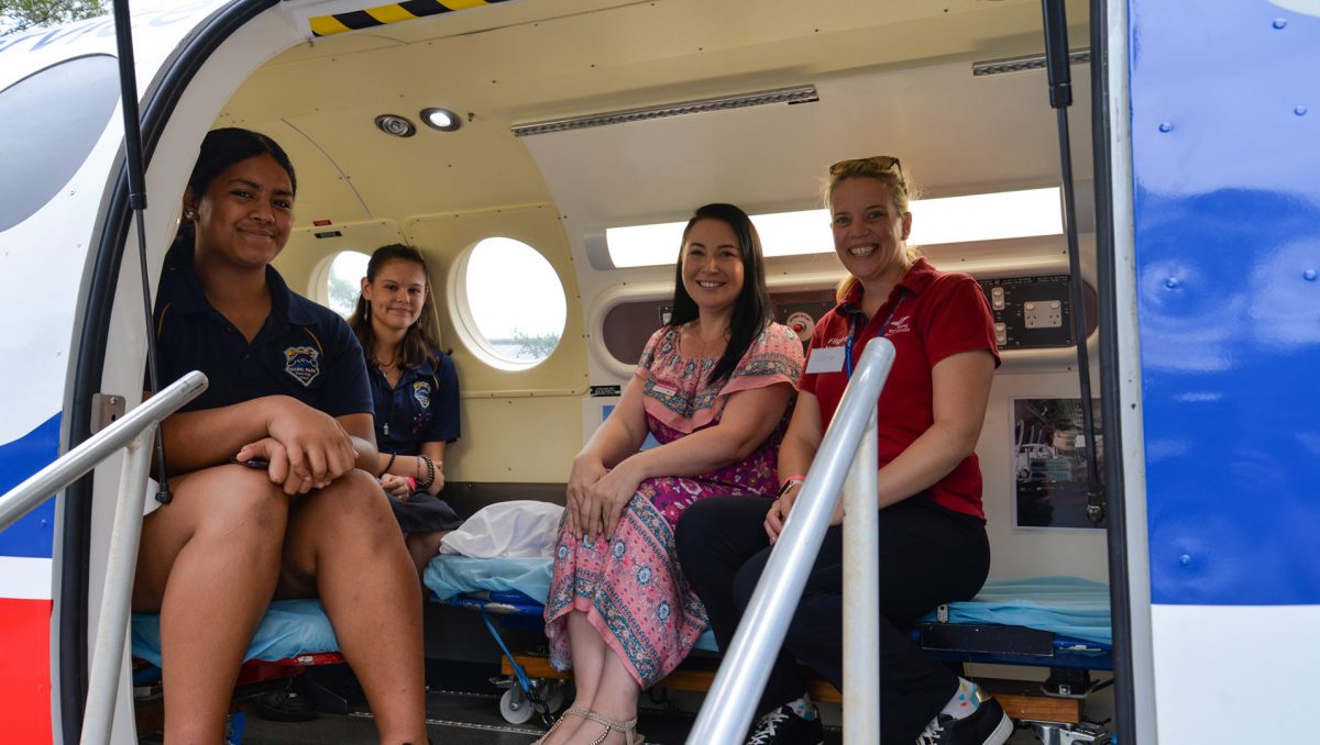 (L-R) Students Jasmine and Willow, Cr Mindy Russell and Royal Flying Doctors Flight Nurse Eliza at the Girls Day Out in STEM event.