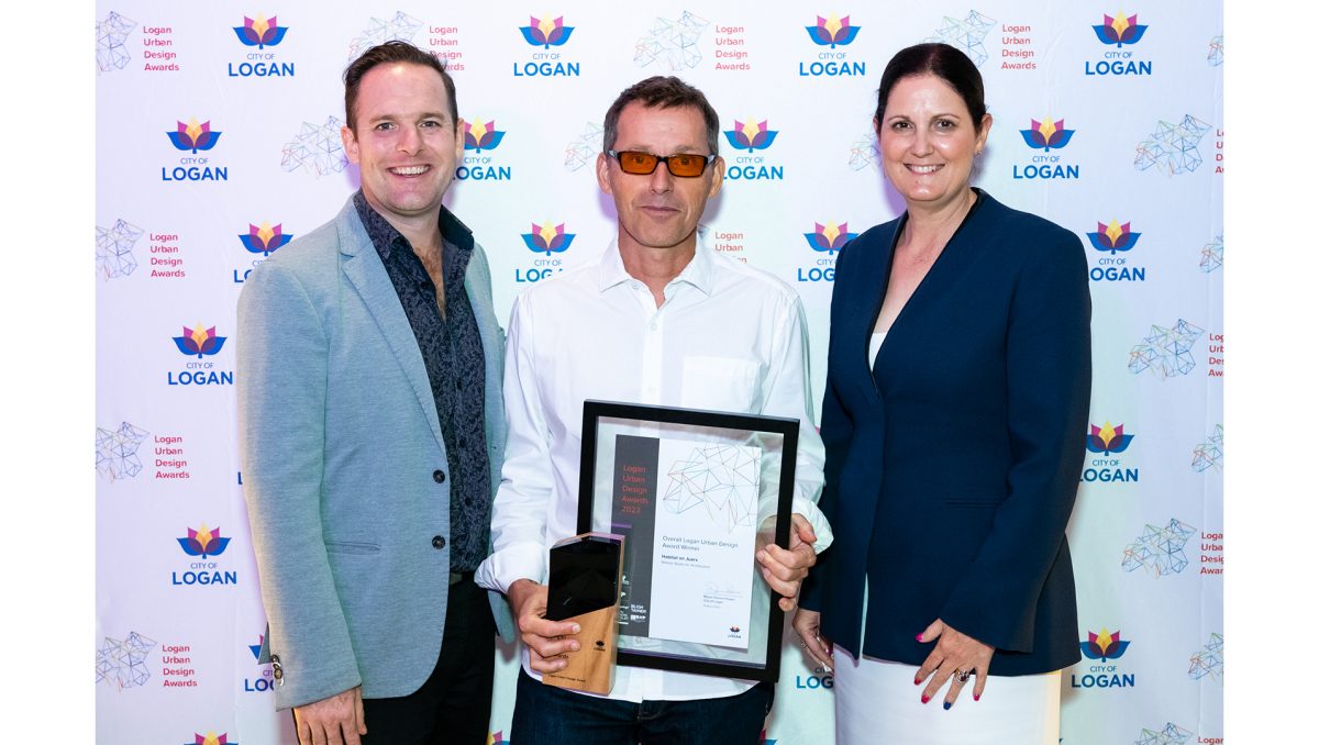 Deputy Mayor Natalie Willcocks (right) and Economic Development Chair, Councillor Jon Raven with Refresh Design director Erhard Rathmayr, whose team received the Overall Award at LUDA 2023, for their Kingston housing project 'Habitat on Juers'.