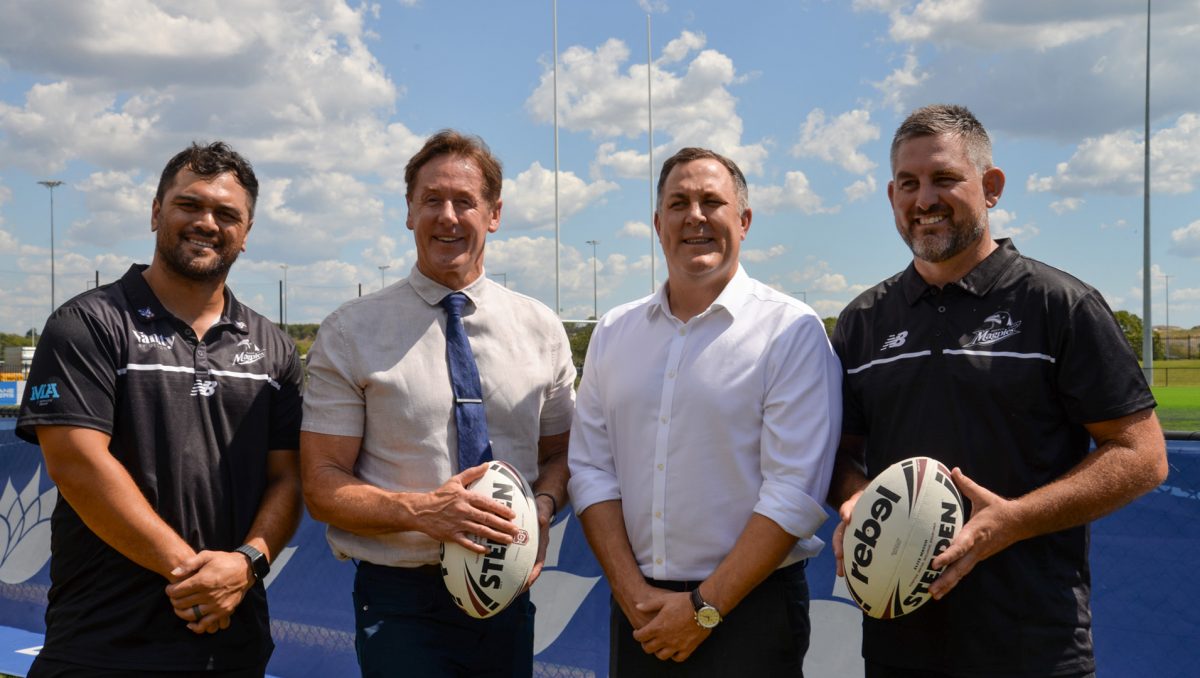 Logan City Council Mayor Darren Power, QRL CEO Rohan Sawyer and Souths Logan Magpies CEO Steven Bretherton are looking forward to seeing Karmichael Hunt’s Souths Logan Magpies at the Logan Metro Sports Park.