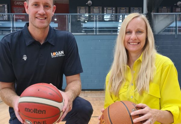 Councillor Miriam Stemp and Logan Basketball General Manager Mitch Young at the Cornubia Park Sports Centre.