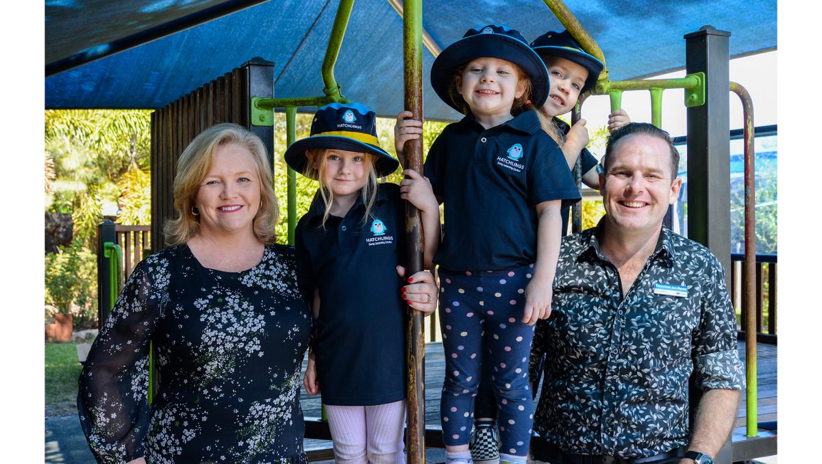 City of Logan Deputy Mayor Laurie Koranski, left, and Division 5 Councillor Jon Raven, right with Hatchlings children Claire Miller, Grace Banks and Aleksander Corcoran.