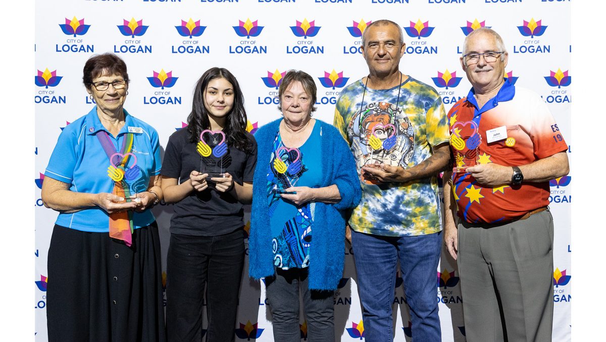 Logan City Council Volunteer Award winners, from left, Judy Ludwig (Quota Beenleigh), Bella-Marie Anderson, Carole Wilson, Spencer Robinson and John Mulraney.