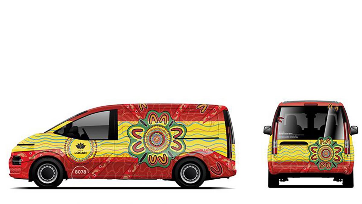 The exterior of one of Logan City Council's vans will be wrapped in this eye-catching artwork by First Nations artist Jessica Skeen-McKinnon.