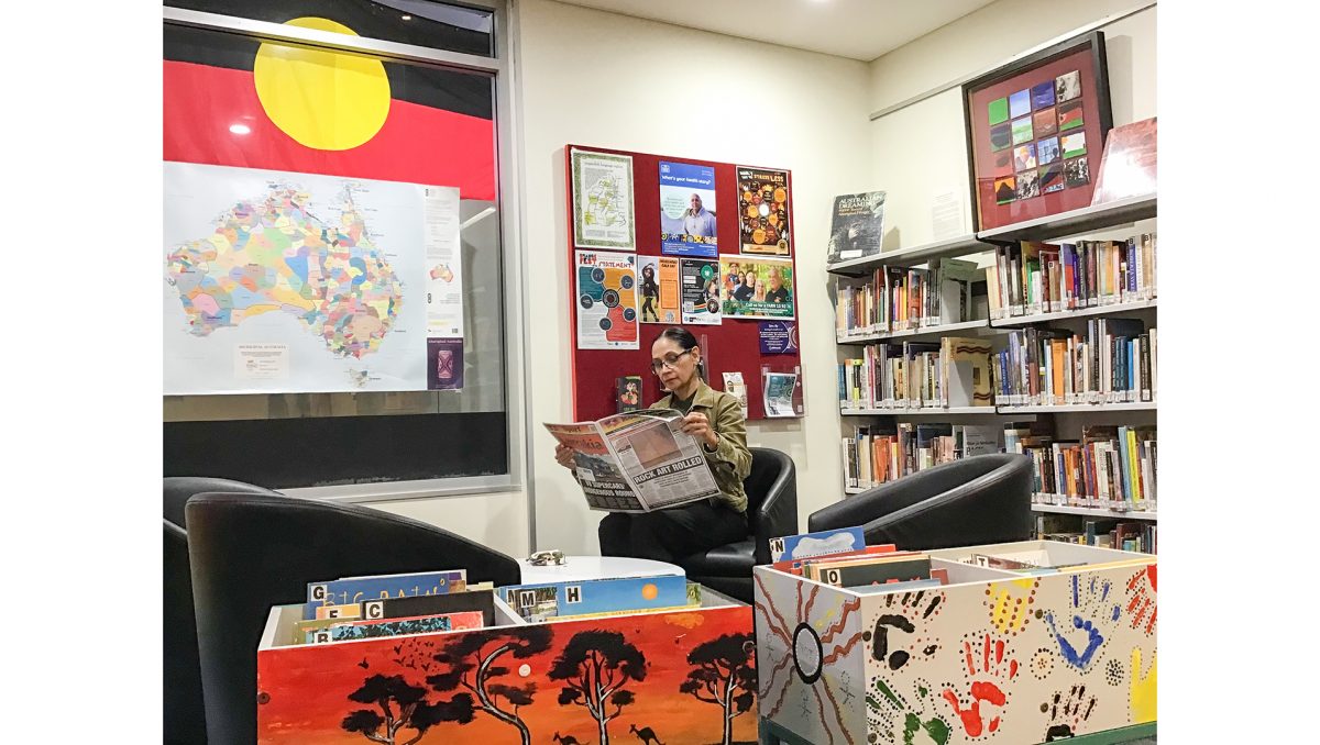 Logan Libraries staff member and Yarning with our mob volunteer Toni Pollard in the dedicated First Nations space at Logan Central Library known as Nyeumba-Meta.