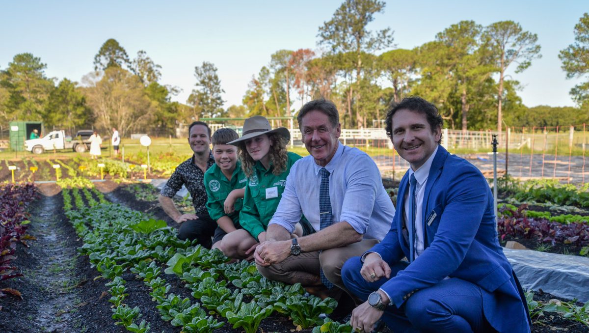 Mayor Darren Power, Economic Development Chair Cr Jon Raven and Division 6 Councillor Tony Hall with students Isaac and Jasper at the launch of the The Mini Farm Project at Loganlea State High School