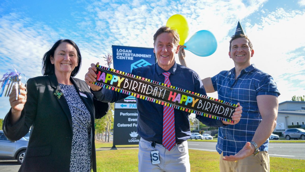 Mayor Darren Power, Lifestyle Chair Cr Tony Hall and Division 2 Cr Teresa Lane look forward to celebrating the Logan Entertainment Centre’s 21st birthday in July.