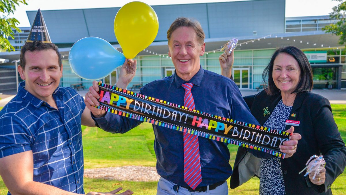 Mayor Darren Power, Lifestyle Chair Cr Tony Hall and Division 2 Cr Teresa Lane look forward to celebrating the Logan Entertainment Centre’s 21st birthday in July.