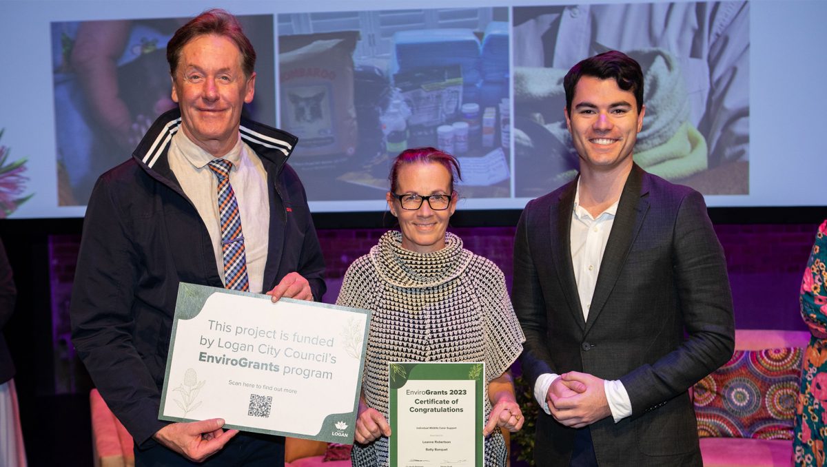 Mayor Darren Power with Cr Jacob Heremaia and EnviroGrants recipient Leanne Robertson