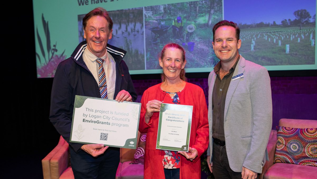 Mayor Darren Power with Cr Jon Raven and EnviroGrants recipient Julie Mann