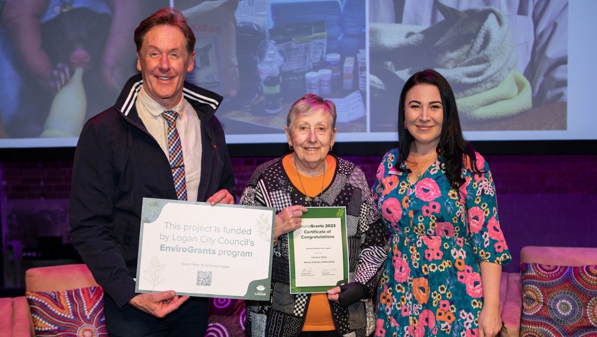 Mayor Darren Power with Cr Mindy Russell and EnviroGrants recipient Christine Talbot