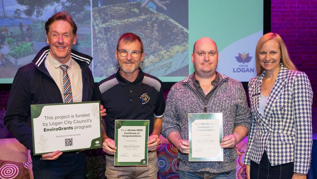 Mayor Darren Power with Cr Miriam Stemp and EnviroGrants recipients Wayne Spyve (left) and Jarrod Trevathan