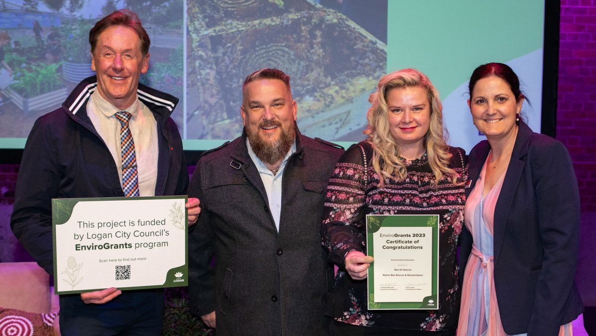 Mayor Darren Power with Cr Natalie Willcocks and EnviroGrants recipients Jason and Natasha Roebig