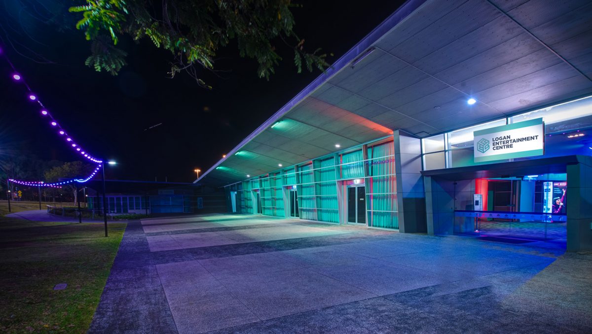 The Logan Entertainment Centre at night.