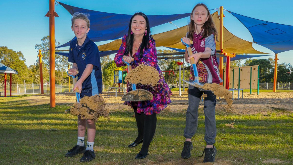 Division 3 Councillor Mindy Russell is joined by Mabel Park State High School student Kamb Baker (left) and Mabel Park State School student Tayla Medew at the sod turning for upgrade works at Mabel Park in Slacks Creek.