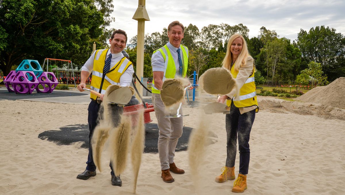 Division 10 Councillor Miriam Stemp is joined by Mayor Darren Power (centre) and Lifestyle Chair Councillor Tony Hall at the sod turning for upgrade works at Alexander Clark Park in Loganholme.