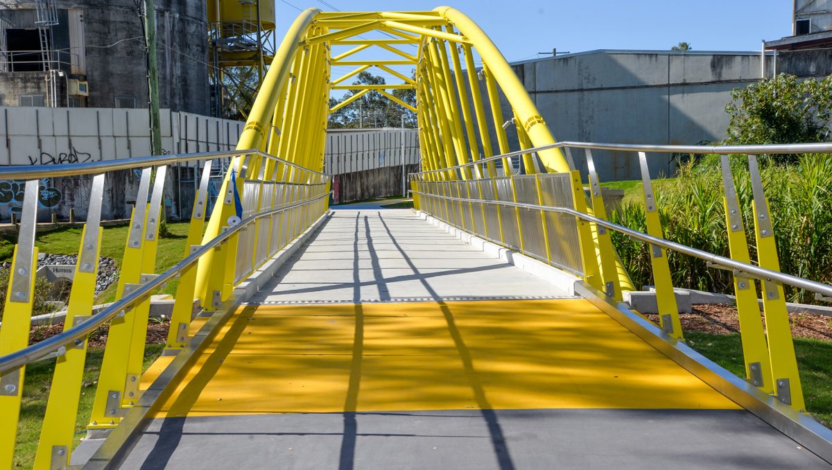 The centrepiece of the new Slacks Track pathway is a 35-metre, 30-tonne bridge over Slacks Creek.