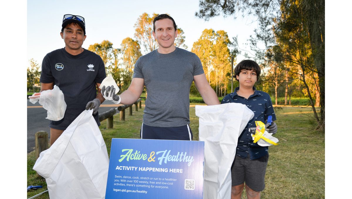 Lifestyle Chair Councillor Tony Hall (centre), Sameer Punde (left) and Palash Punde try Plogging which is a new activity in Logan City Council's Active & Healthy program.