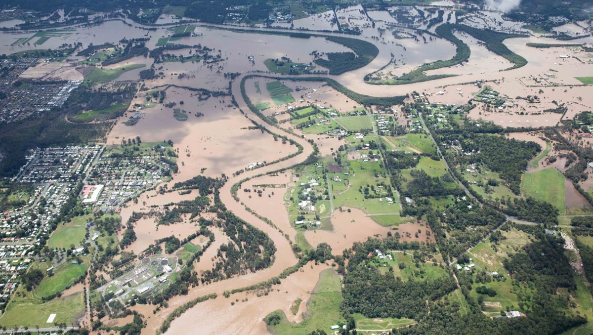 An aerial image of the meeting point of the Albert and Logan Rivers, taken by the Australian Defence Force during the 2022 floods.