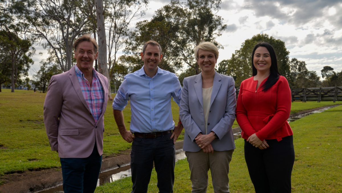 Mayor Darren Power with Federal Minister for the Environment and Water, Tanya Plibersek MP, Federal Treasurer Jim Chalmers MP and Division 3 Councillor Mindy Russell in Mabel Park at Slacks Creek.