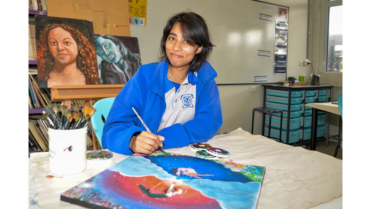 A striking acrylic and marker pen work by Woodridge State High School Year 9 Feeza Abdul will feature in the City of Logan’s student exhibition Artwaves.