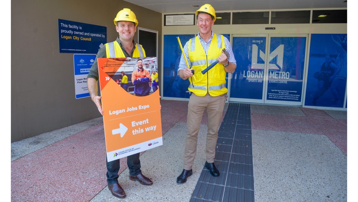 Mayor Darren Power and Economic Development Chair Cr Jon Raven get on the tools ahead of the 2023 Logan Jobs Expo.