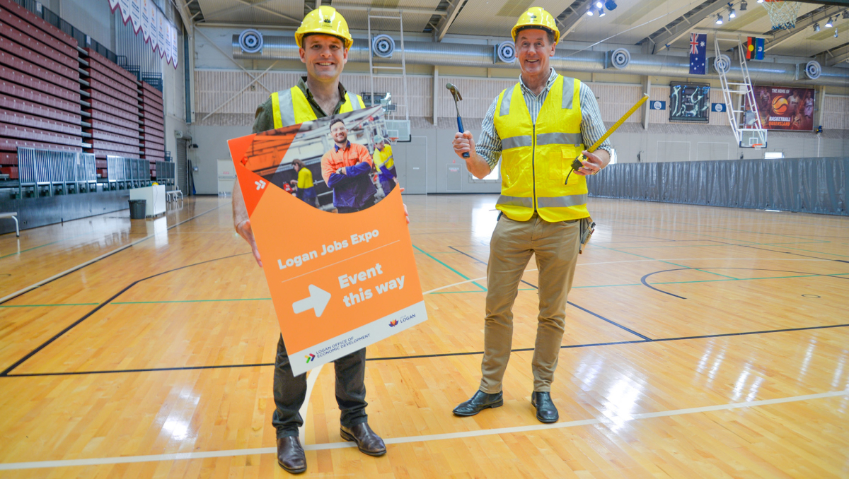 Mayor Darren Power and Economic Development Chair Cr Jon Raven get on the tools ahead of the 2023 Logan Jobs Expo.