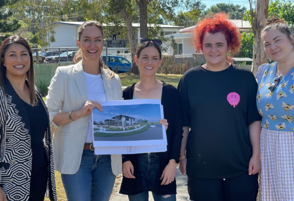 From left - Property Industry Foundation’s Queensland State Manager Antoinette Rusby-Perera, Lady Musgrace Trust CEO Victoria Parker, Logan mums Kloe and Laurne, and YFS Young Parents Program Manager Amy Blair